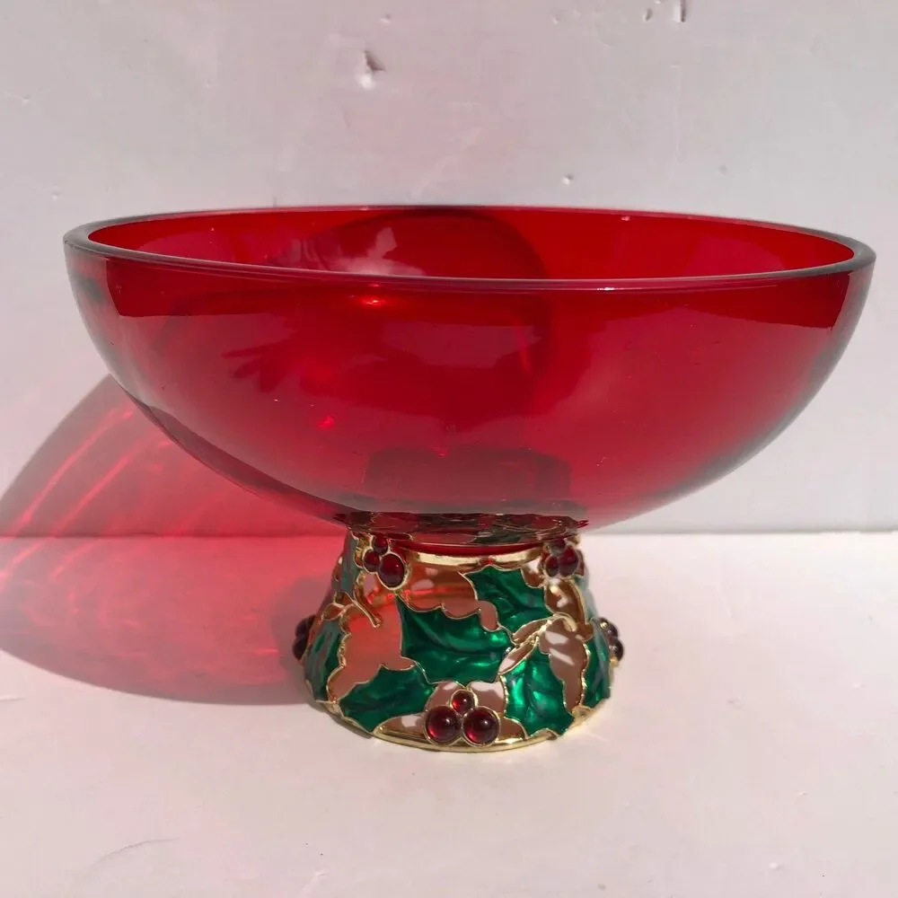 Vintage Ruby Red Glass Holly Berry Christmas Candy Bowl Teleflora Gift footed